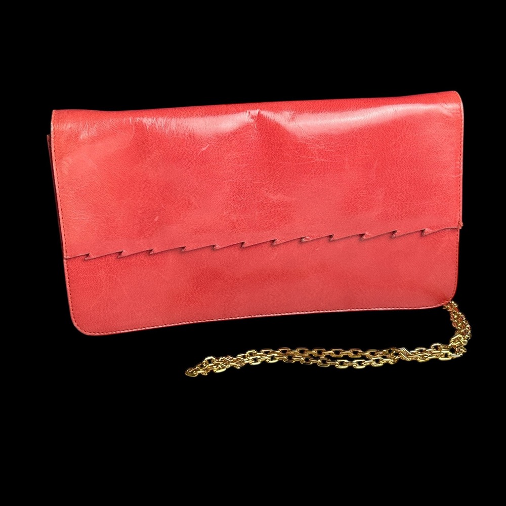 Pancaldi Pink Leather Sawtooth Trim Clutch Bag Vintage Made in Italy Gold Chain